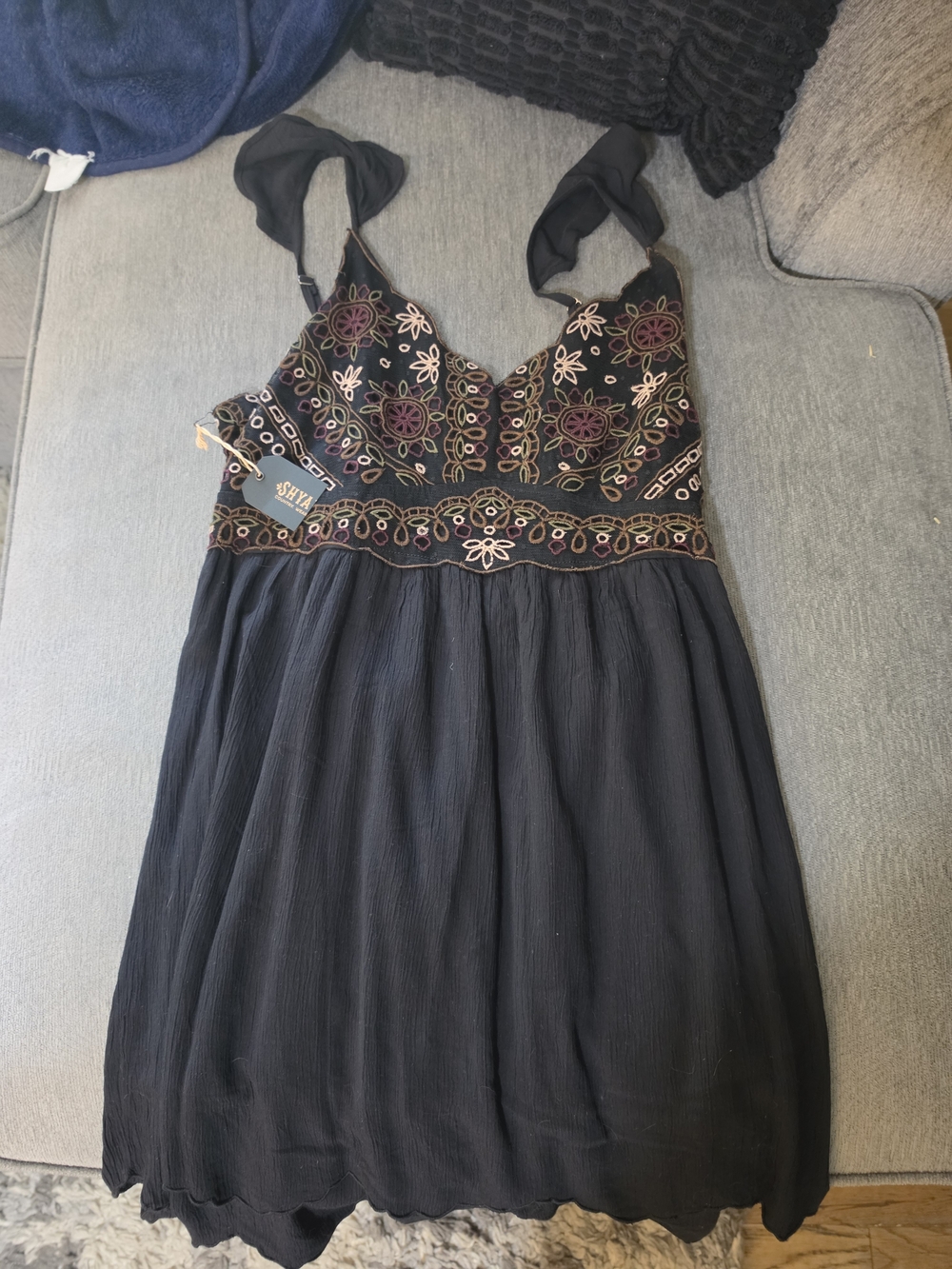 Shyanne Black Mini Dress with Pink and Gold Floral Embroidery